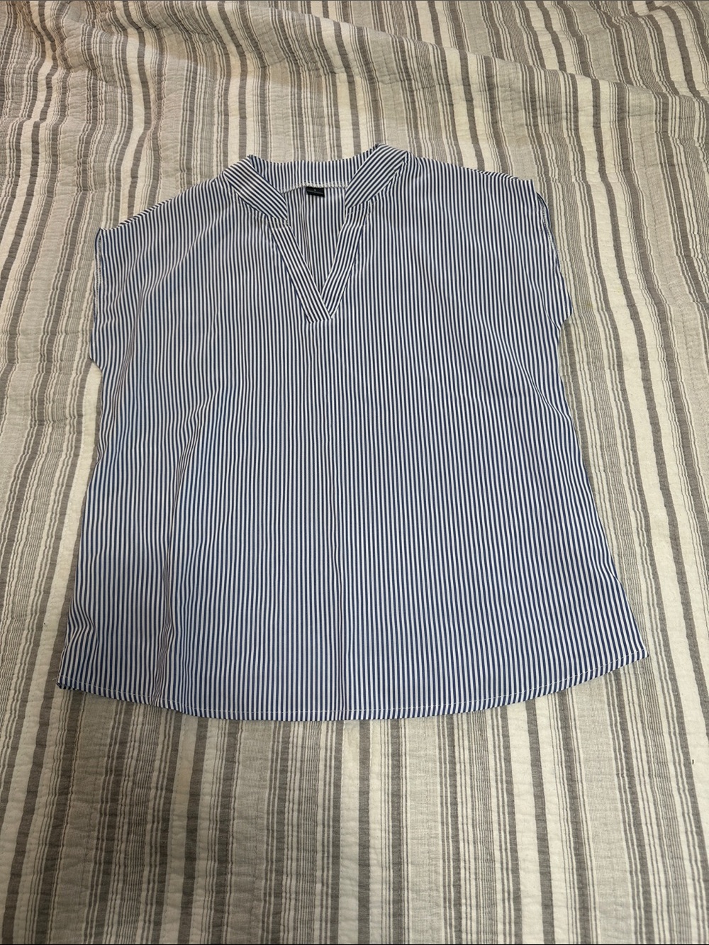 SHEIN Blue and White Striped V-Neck Blouse